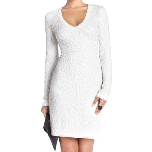BCBG Max Azria Morris Sequin Dress Long Sleeves White Cocktail Party Size Small - Picture 1 of 14